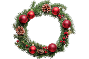 Festive Christmas wreath adorned with red baubles, pinecones, and greenery, perfect for holiday decoration and welcoming the festive season. png