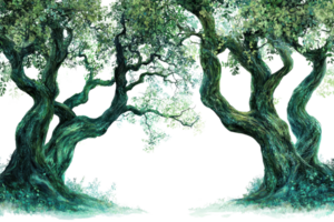 Enchanting illustration of two ancient trees intertwined, with lush green foliage and mystical atmosphere, evoking a sense of magic and wonder. png