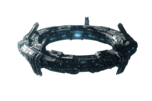Futuristic circular space station with intricate metal design, glowing blue lights. Perfect for sci-fi themes and advanced technology concepts. png