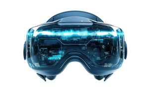 Futuristic virtual reality headset with a transparent view showcasing advanced digital technology components and holographic interface. png