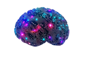 Futuristic digital brain with glowing circuits and multicolored lights, symbolizing technology, artificial intelligence, and innovation. png