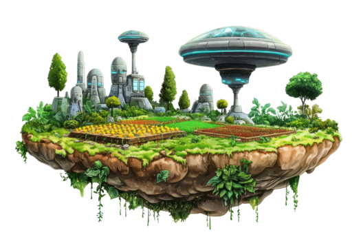 Futuristic floating island with advanced architecture, lush greenery, and sustainable agriculture in a utopian sci-fi setting. png