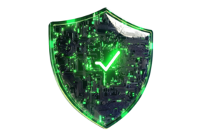 Glowing green digital shield with check mark, representing cybersecurity and data protection against cyber threats in a tech-driven world. png