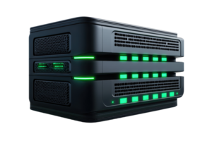 Futuristic server with glowing green lights, showcasing advanced technology and modern data storage solutions in a sleek design. png