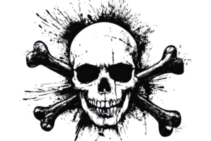 Grunge skull and crossbones icon with splatter effect on transparent background, perfect for edgy and dark themed designs and projects. png