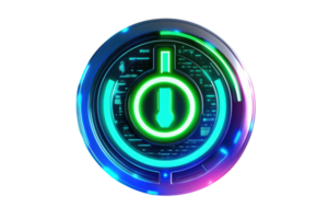 Futuristic neon power button with a glowing green center and digital interface, representing technology and innovation. png