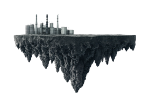 Futuristic floating cityscape on a rocky platform isolated on transparent background. showcasing advanced architecture and urban design. png