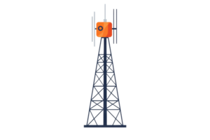 Illustration of a tall communication tower with an orange box at the top, set against a transparent background, symbolizing connectivity. png