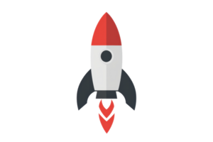 Illustration of a sleek red and white rocket ship with a modern design, set on a plain background, ready for takeoff. png