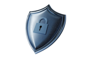 Glossy blue shield emblem with a lock symbol representing security, protection, and privacy. Ideal for cybersecurity concepts. png