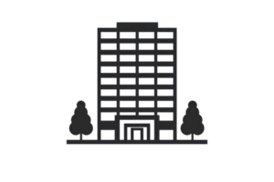 Illustration of a simple, modern multi-story building flanked by two trees, representing urban architecture or corporate design. png