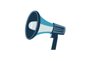 Illustration of a blue megaphone icon, symbolizing communication and announcement on a transparent background. Perfect for digital media use. png