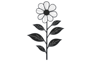Illustration of a black and white flower with detailed petals and leaves, showcasing simplicity and elegance on a transparent background. png