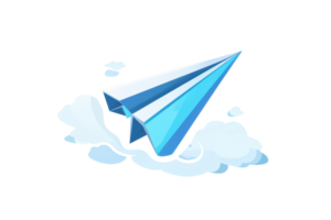Illustration of a blue paper plane flying amid white clouds, symbolizing freedom and imagination in a whimsical design. png
