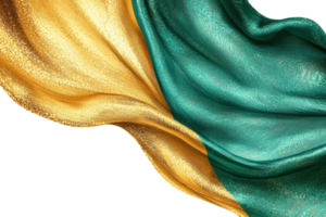 Elegant gold and green satin fabric waves gracefully, showcasing luxurious texture and vibrant colors, perfect for backgrounds and design projects. png