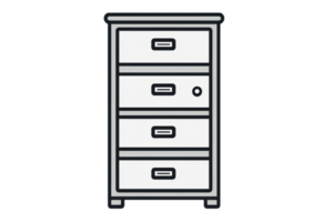 Illustration of a simple wooden cabinet with four drawers, perfect for organizing home or office spaces. Minimalist and efficient design. png