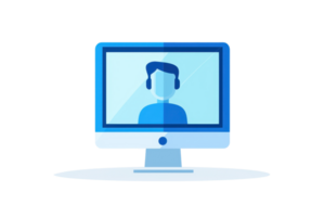 Illustration of a person on a computer screen, representing virtual communication and online presence in a digital world. png