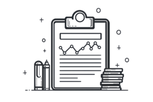 Illustration of a clipboard with graph, pencil, and books, representing data analysis, finance, and business planning concepts. png