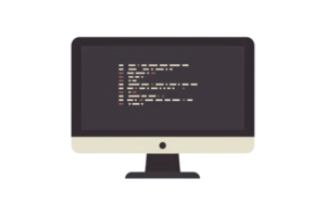 Illustration of a desktop computer screen displaying code. Represents programming, software development, and technology concepts. png