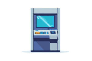 Illustration of a modern ATM machine with touch screen interface, buttons, and card slot, isolated on a transparent background. png