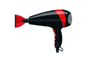 Illustration of a modern black and red hairdryer with buttons, showcasing its sleek design on a transparent background. perfect for tech or beauty. png