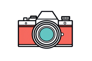 Illustration of a vintage camera with a red body and turquoise lens, representing photography, design, and creative inspiration. png