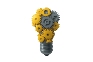 Innovative light bulb made of yellow and gray gears symbolizing creativity and mechanical ingenuity on a transparent background. png