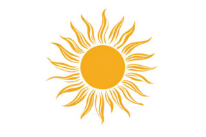 Illustration of a stylized sun with radiant, curling rays on a transparent background. Perfect for design projects and creative uses. png