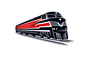 Illustration of a sleek, modern high-speed train in motion, showcasing dynamic design and engineering efficiency. png