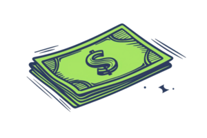 Illustration of a stack of green dollar bills with a dollar sign, representing wealth, finance, and economic concepts in a simple style. png