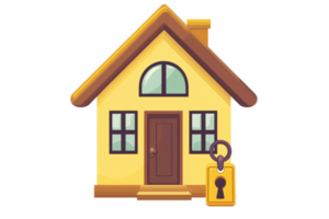 Illustration of a cozy, cartoon-style house with a large key symbolizing home security and protection. Bright colors enhance visual appeal. png