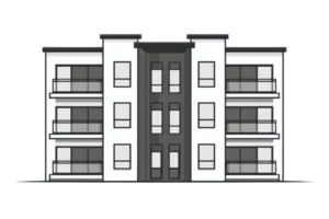 Illustration of a modern apartment building with large windows and balconies, featuring a simple and clean architectural design. png