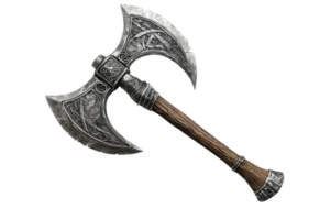 Intricately detailed medieval double-headed axe with a wooden handle, perfect for historical or fantasy-themed designs and projects. png