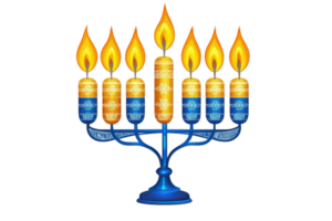 Illustration of a fully lit Hanukkah menorah with nine blue and yellow candles on a blue candlestick. png