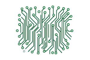 Intricate green circuit board design symbolizing technology, innovation, and digital communication networks in a modern style. png