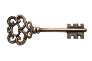 Intricately designed antique key with elaborate detailing, representing mystery and history, isolated on a transparent background. png