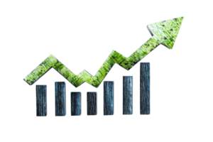 Illustration of a bar graph with a rising green arrow, symbolizing growth, success, or progress in business or financial sectors. png