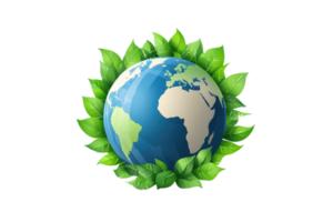 Illustration of the Earth surrounded by vibrant green leaves, symbolizing eco-friendliness and environmental conservation efforts globally. png