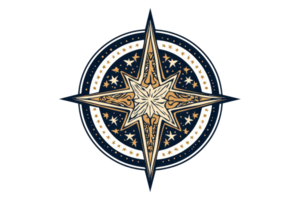 Intricate nautical compass rose with ornate patterns and stars, symbolic of navigation and exploration, detailed in gold and navy blue hues. png