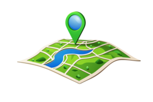 Illustration of a colorful map with a location pin, showcasing navigation and geographic concepts in a vibrant, engaging style. png