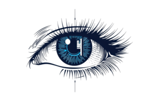 Illustration of a blue stylized eye with intricate details, symbolizing vision, technology, and insight on a transparent background. png