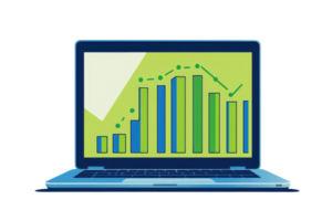 Illustration of a laptop displaying analytics and growth charts, representing data analysis and digital business trends. png