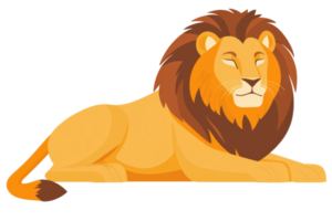 Illustration of a majestic lion resting on the ground, showcasing its powerful build and regal mane in a peaceful setting. png