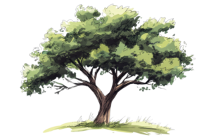 Illustration of a lush green tree with broad branches and dense foliage, standing on a patch of grass, isolated against a transparent background. png
