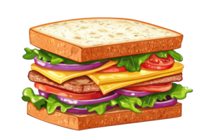Illustration of a delicious sandwich with lettuce, tomato, meat, and cheese between two slices of bread. Ideal for food-related content. png