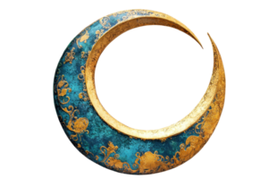 Intricate gold and blue crescent moon illustration with floral patterns symbolizes elegance and mystery against a transparent background. png