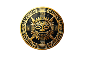 Intricate golden Aztec sun emblem with tribal patterns, showcasing ancient cultural artistry and craftsmanship on a dark background. png