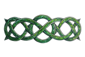 Intricate Celtic knot design with green vines, symbolizing eternity and interconnectedness, isolated on a transparent background. for graphic design. png