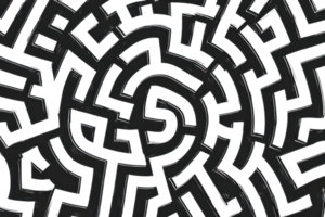 Intricate circular maze pattern in black and white, perfect for abstract backgrounds or puzzle themed projects. png