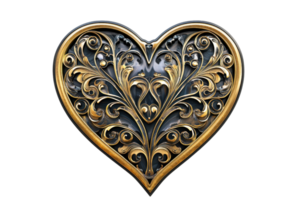 Intricate golden ornate heart design with detailed filigree pattern on dark background, symbolizing elegance and luxury in art. png